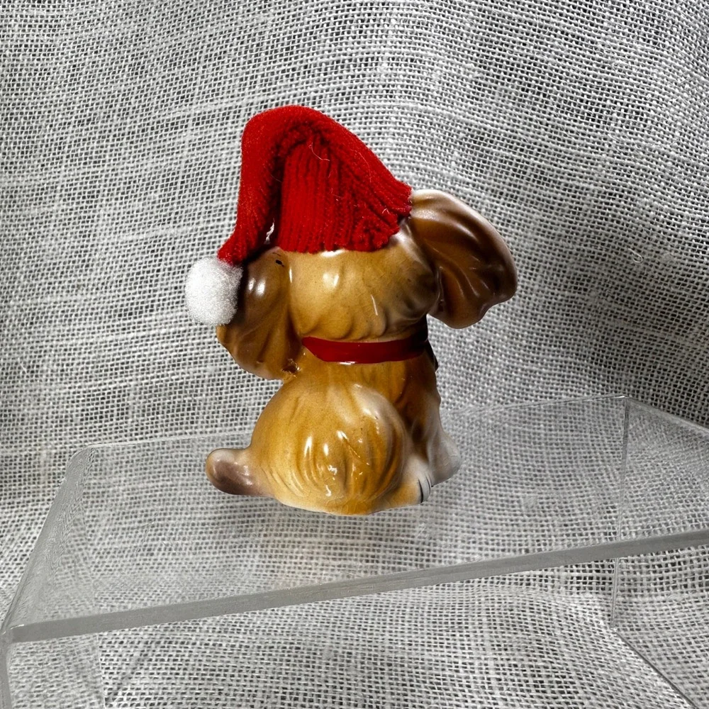 Christmas Dog Figurine Ceramic Santa Hat Red‎ Bow Japan Mid Century Kitsch Vtg